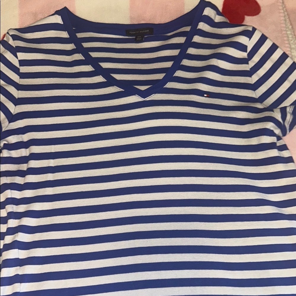 Tommy Hilfiger Blue and White Striped V-Neck T-Shirt